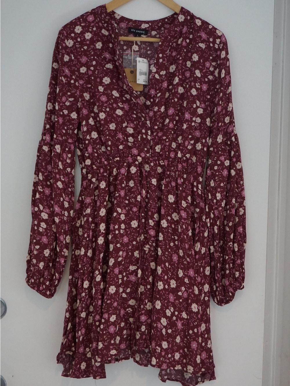 Blu Pepper Burgundy Floral V-Neck Babydoll Dress